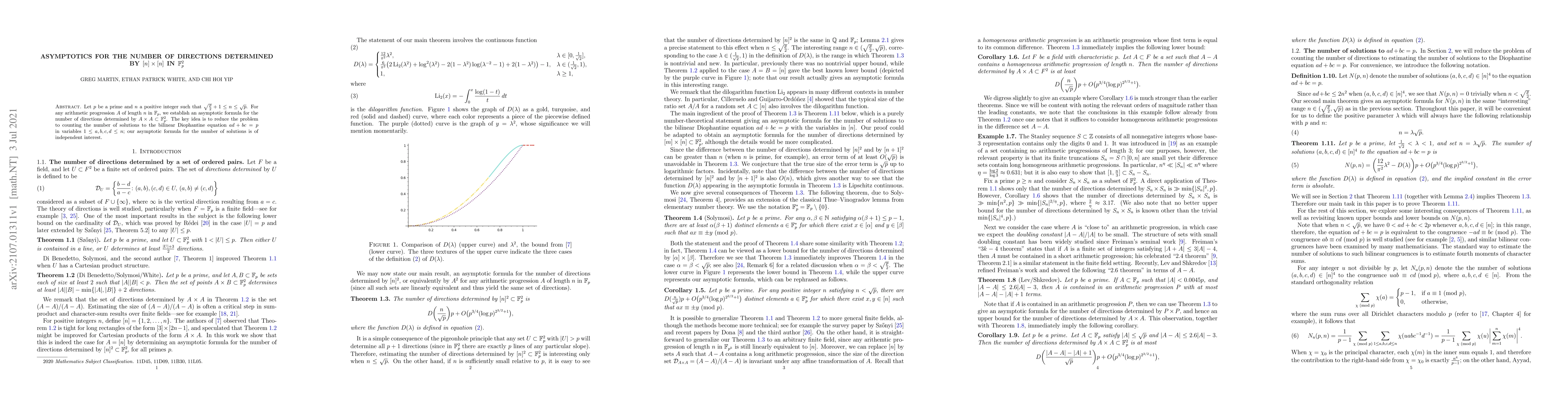 Thumbnail for Asymptotics for the number of directions determined by $[n] \times [n]$
  in $\mathbb{F}_p^2$