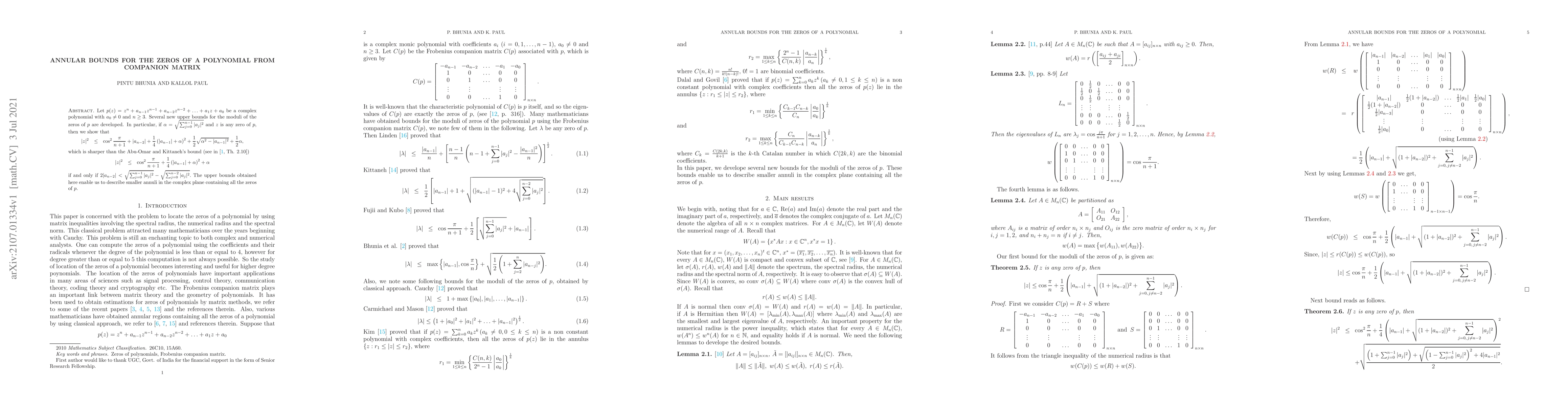 Thumbnail for Annular bounds for the zeros of a polynomial from companion matrix