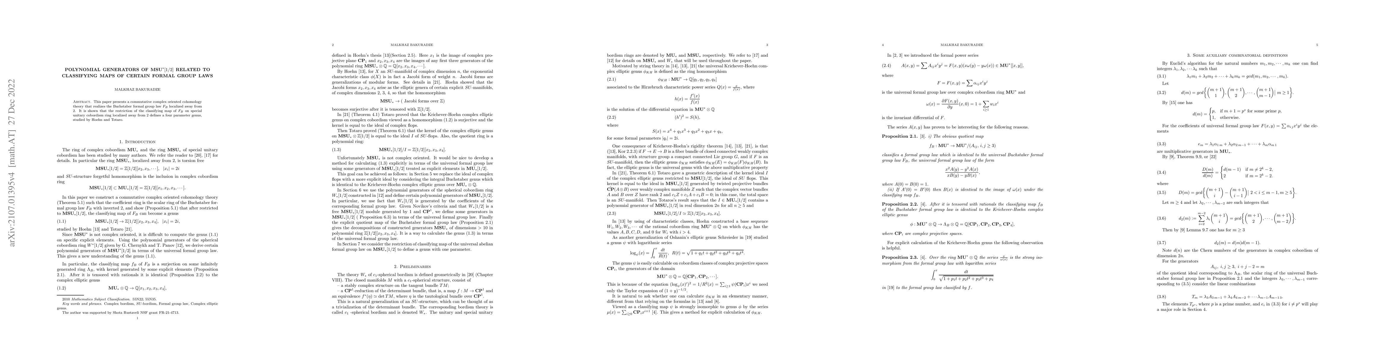 Thumbnail for Polynomial generators of msu*[1/2] related to classifying maps of
  certain formal group laws