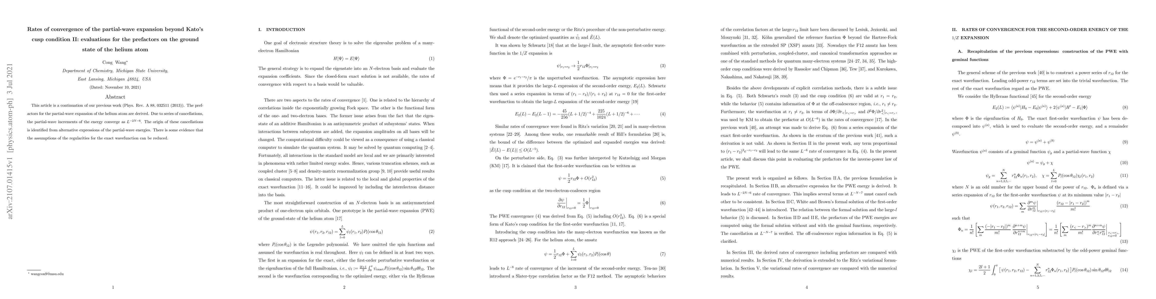 Thumbnail for Rates of convergence of the partial-wave expansion beyond Kato's cusp
  condition II: evaluations for the prefactors on the ground state of the
  helium atom