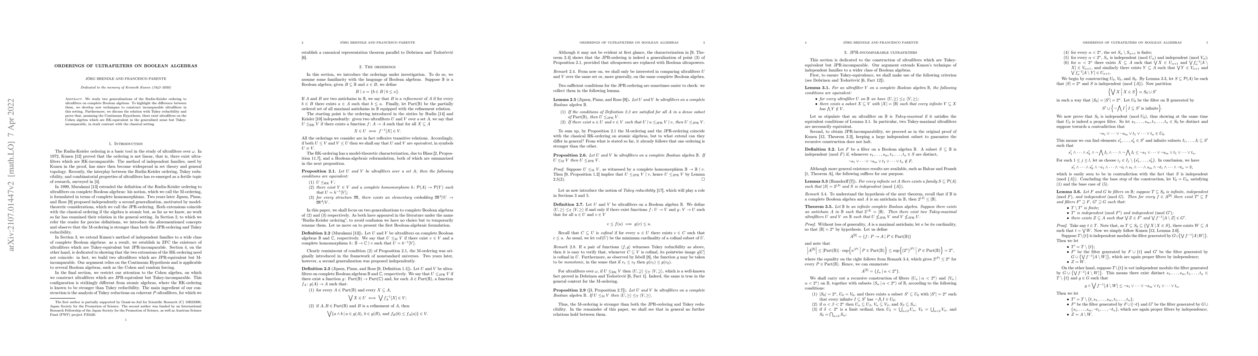 Thumbnail for Orderings of ultrafilters on Boolean algebras