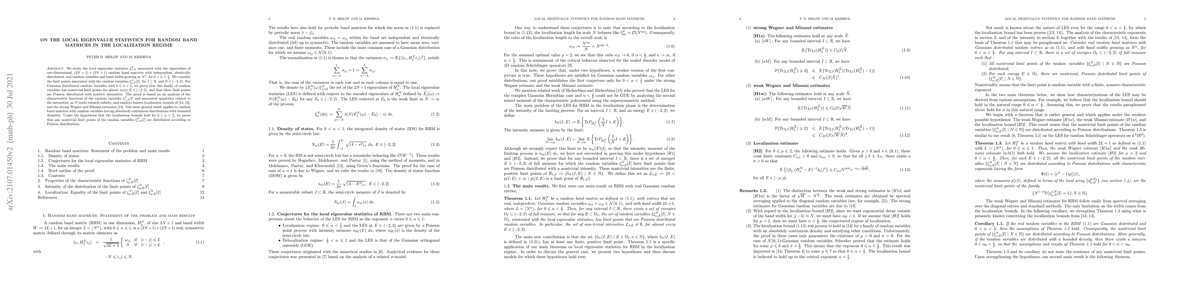 Thumbnail for On the local eigenvalue statistics for random band matrices in the
  localization regime