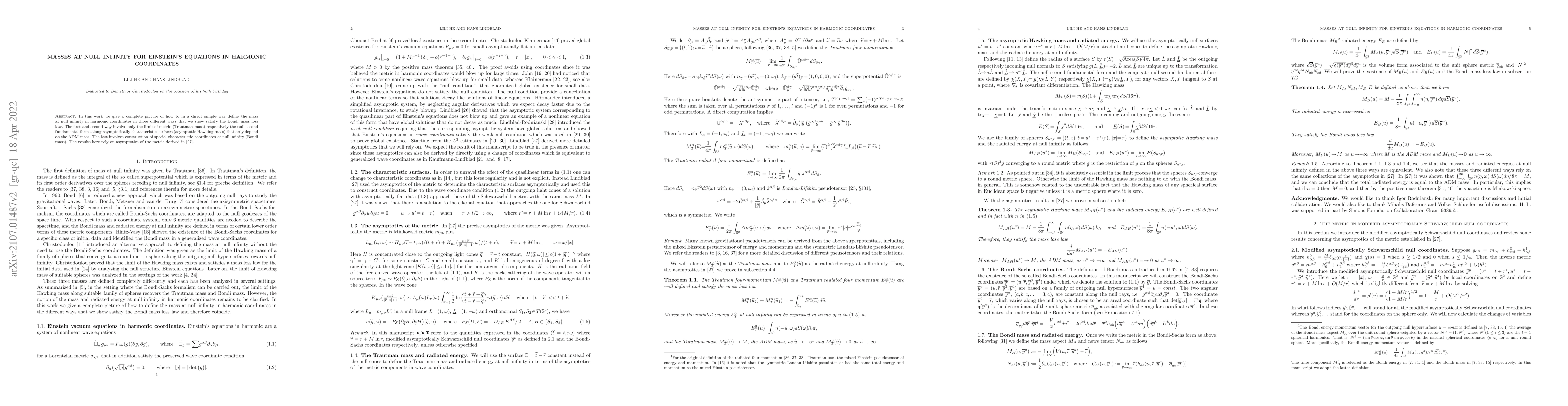 Thumbnail for Masses at null infinity for Einstein's equations in harmonic coordinates