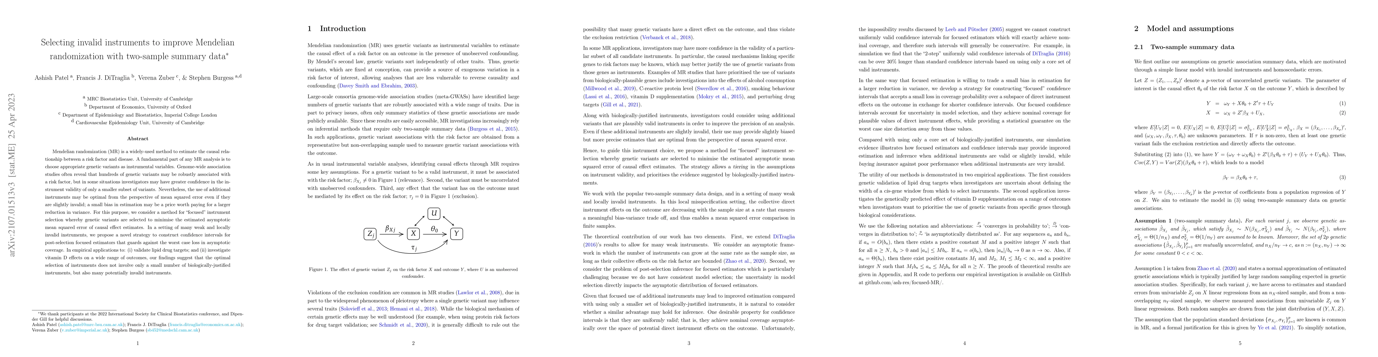 Thumbnail for Selecting invalid instruments to improve Mendelian randomization with
  two-sample summary data