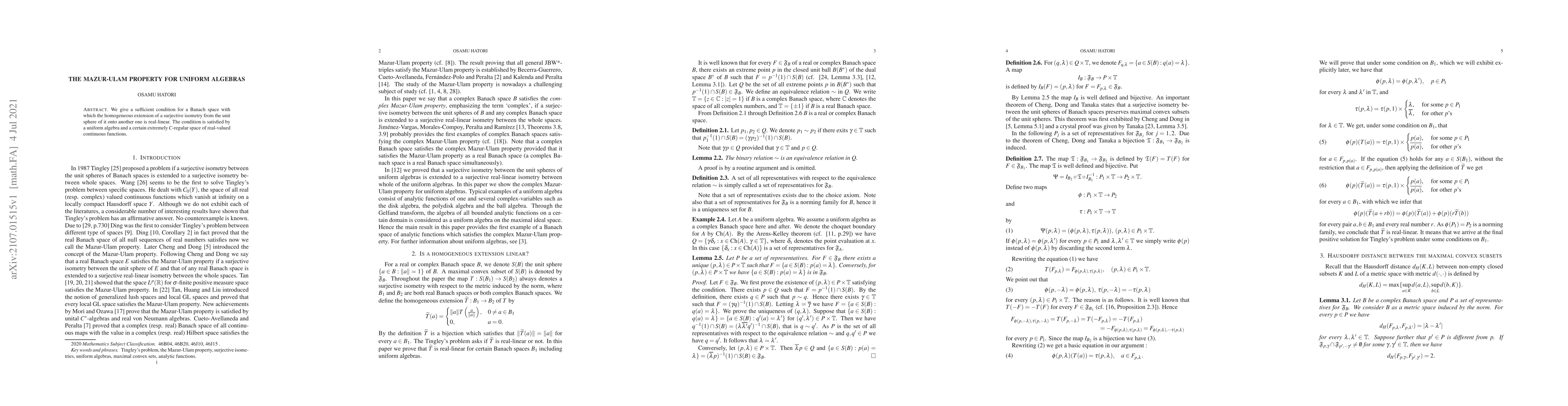 Thumbnail for The Mazur-Ulam property for uniform algebras