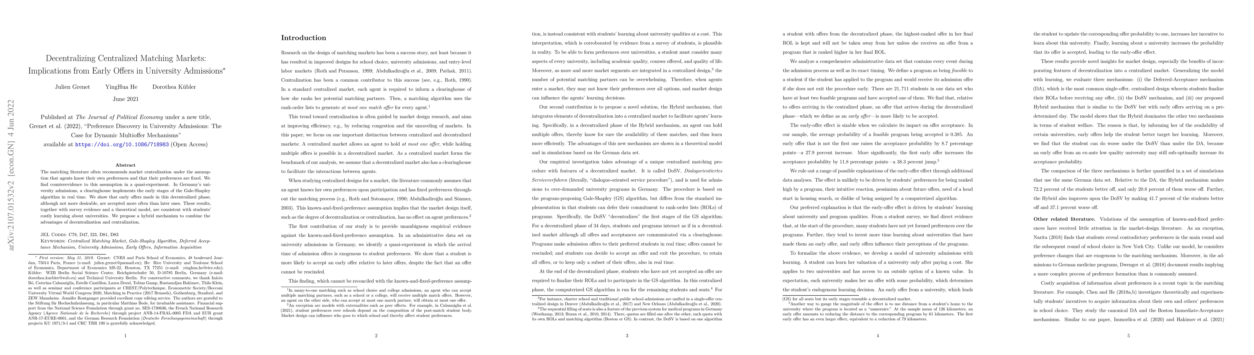Thumbnail for Decentralizing Centralized Matching Markets: Implications from Early
  Offers in University Admissions