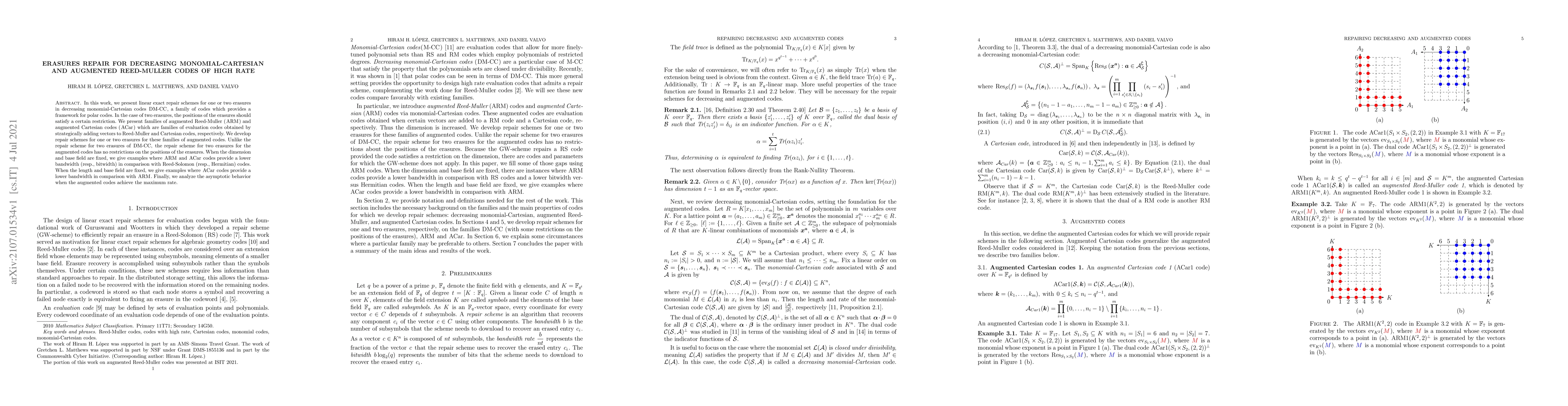 Thumbnail for Erasures repair for decreasing monomial-Cartesian and augmented
  Reed-Muller codes of high rate