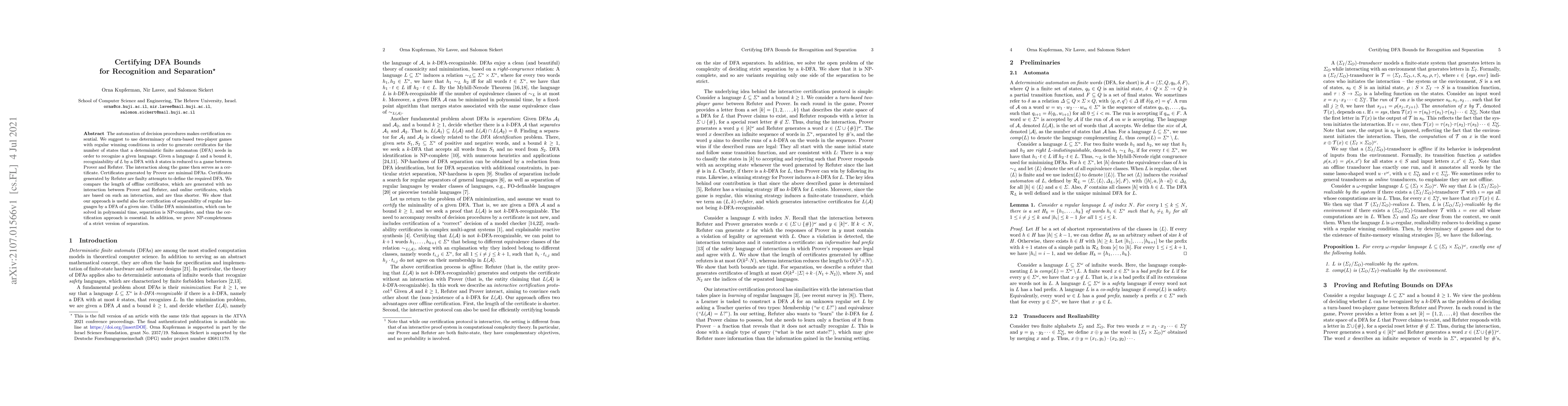 Thumbnail for Certifying DFA Bounds for Recognition and Separation