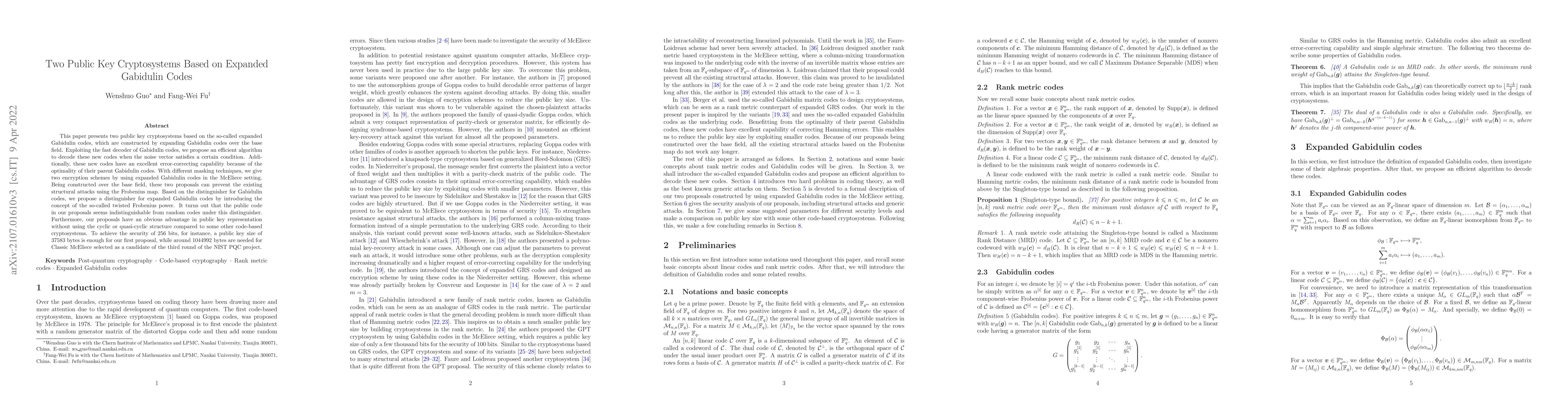 Thumbnail for Two Public-Key Cryptosystems Based on Expanded Gabidulin Codes