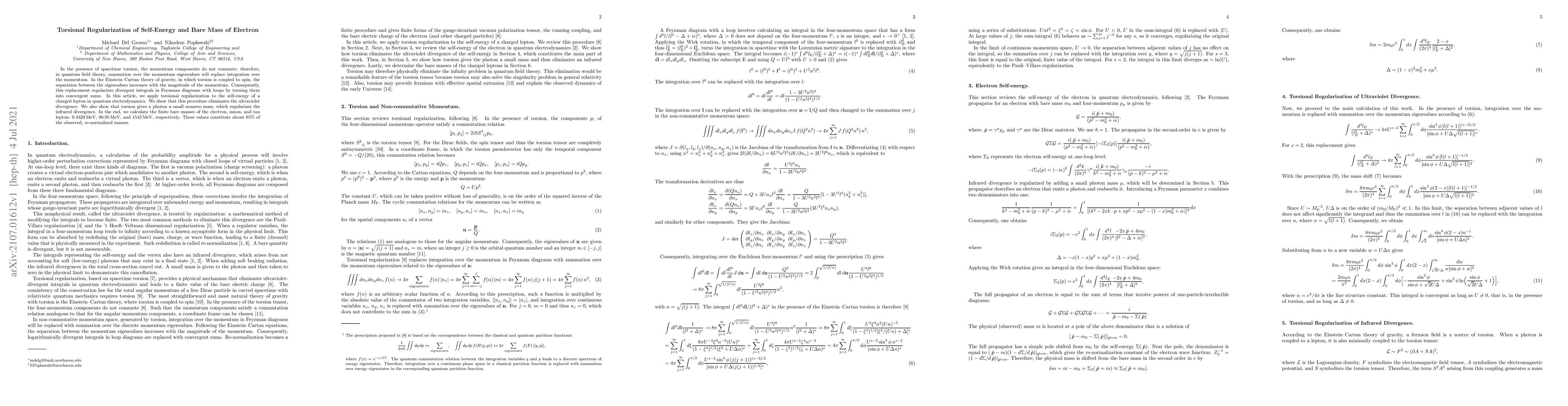 Thumbnail for Torsional Regularization of Self-Energy and Bare Mass of Electron