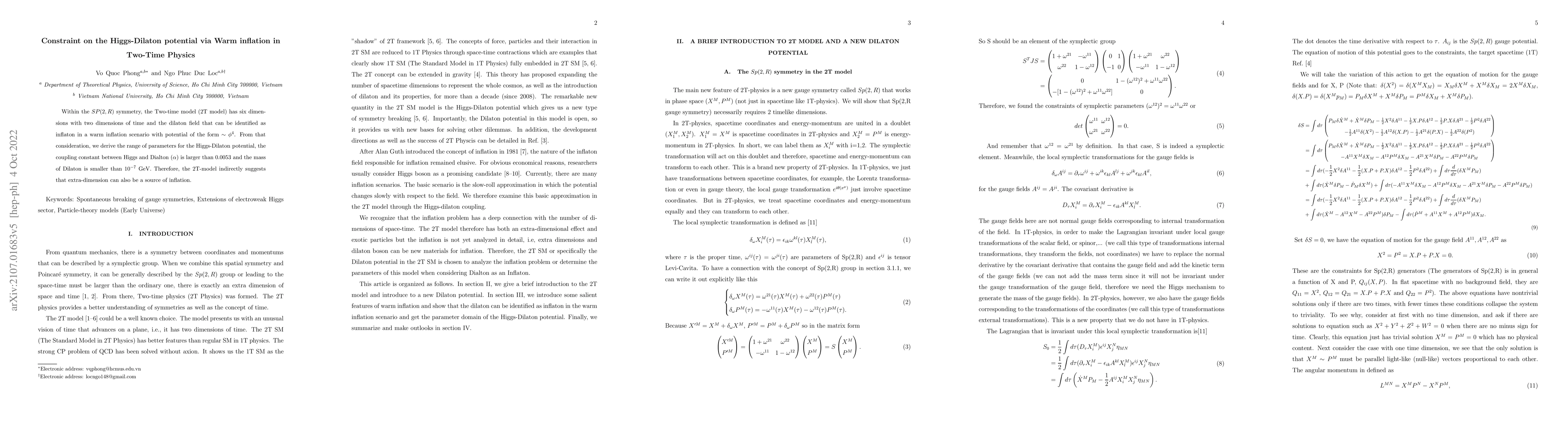 Thumbnail for Constraint on the Higgs-Dilaton potential via Warm inflation in Two-Time
  Physics