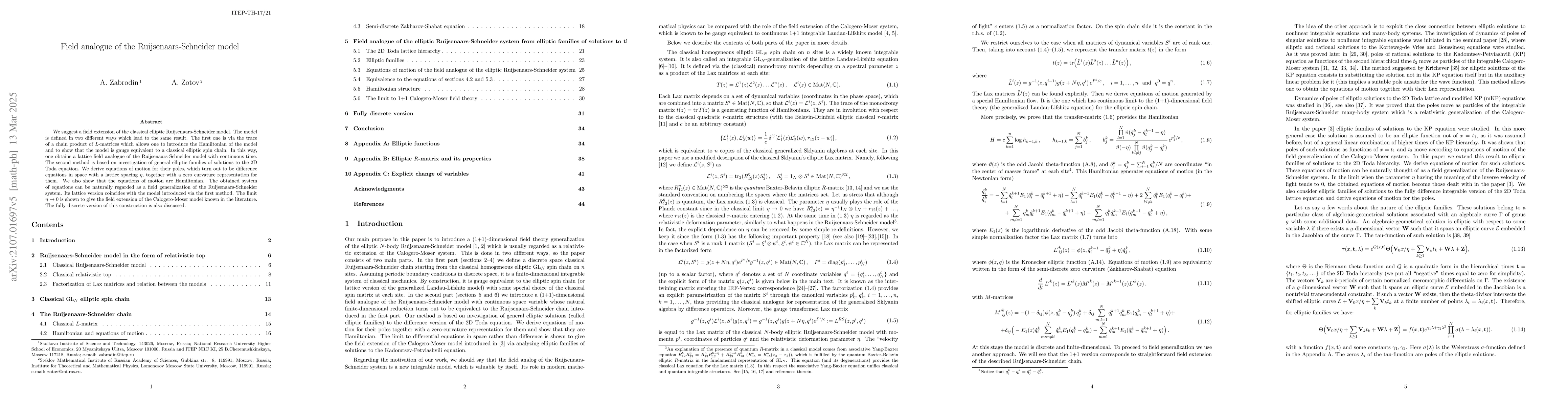 Thumbnail for Field analogue of the Ruijsenaars-Schneider model