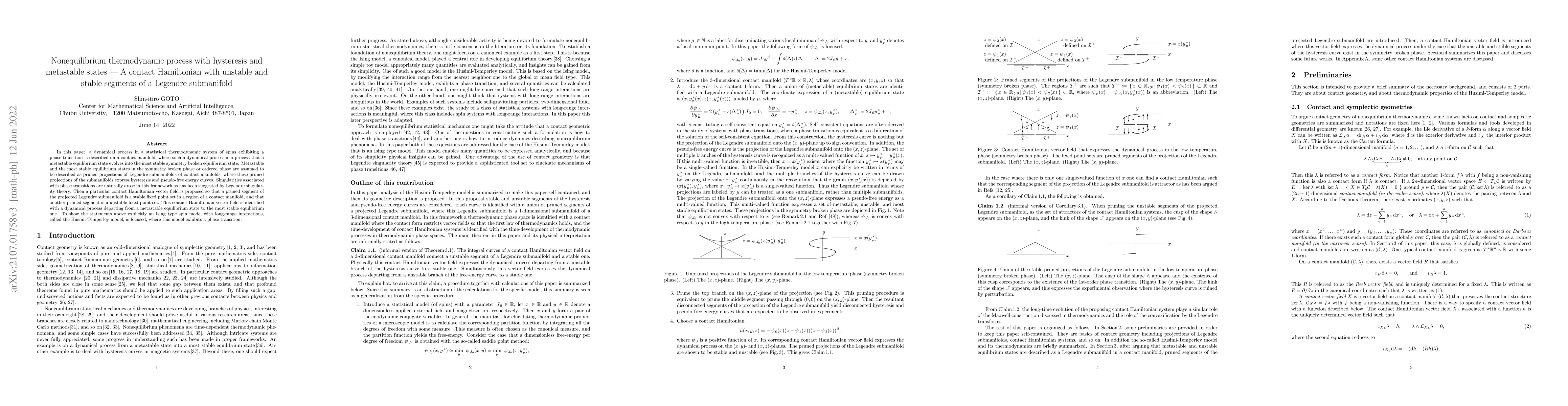 Thumbnail for Nonequilibrium thermodynamic process with hysteresis and metastable
  states -- A contact Hamiltonian with unstable and stable segments of a
  Legendre submanifold