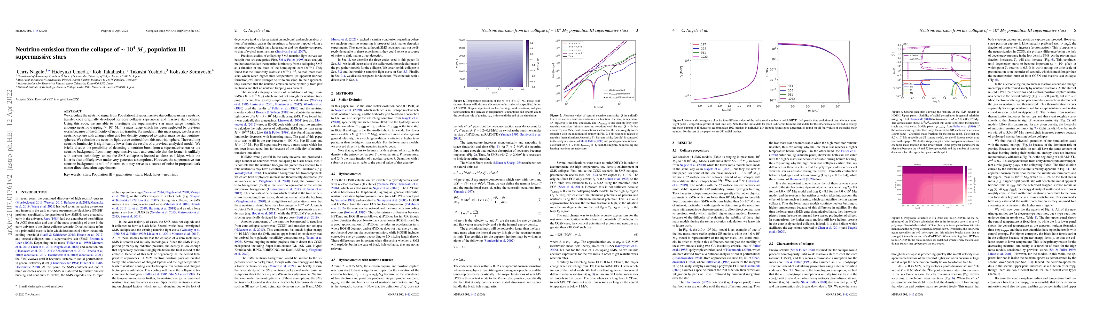 Thumbnail for Neutrino emission from the collapse of $\sim 10^4$ $M_\odot$ population
  III supermassive stars