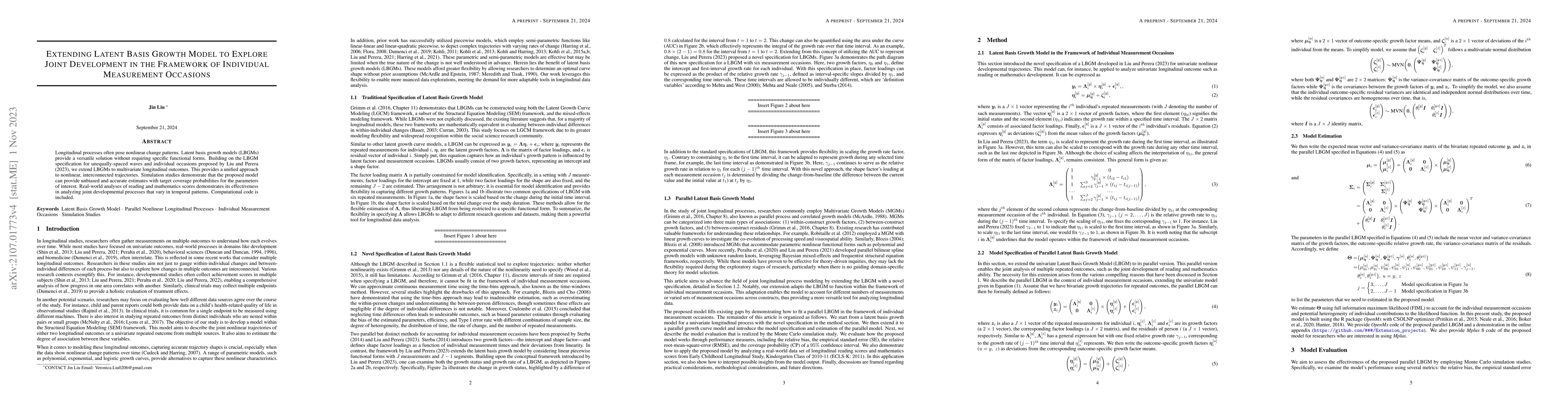 Thumbnail for Extending Latent Basis Growth Model to Explore Joint Development in the
  Framework of Individual Measurement Occasions