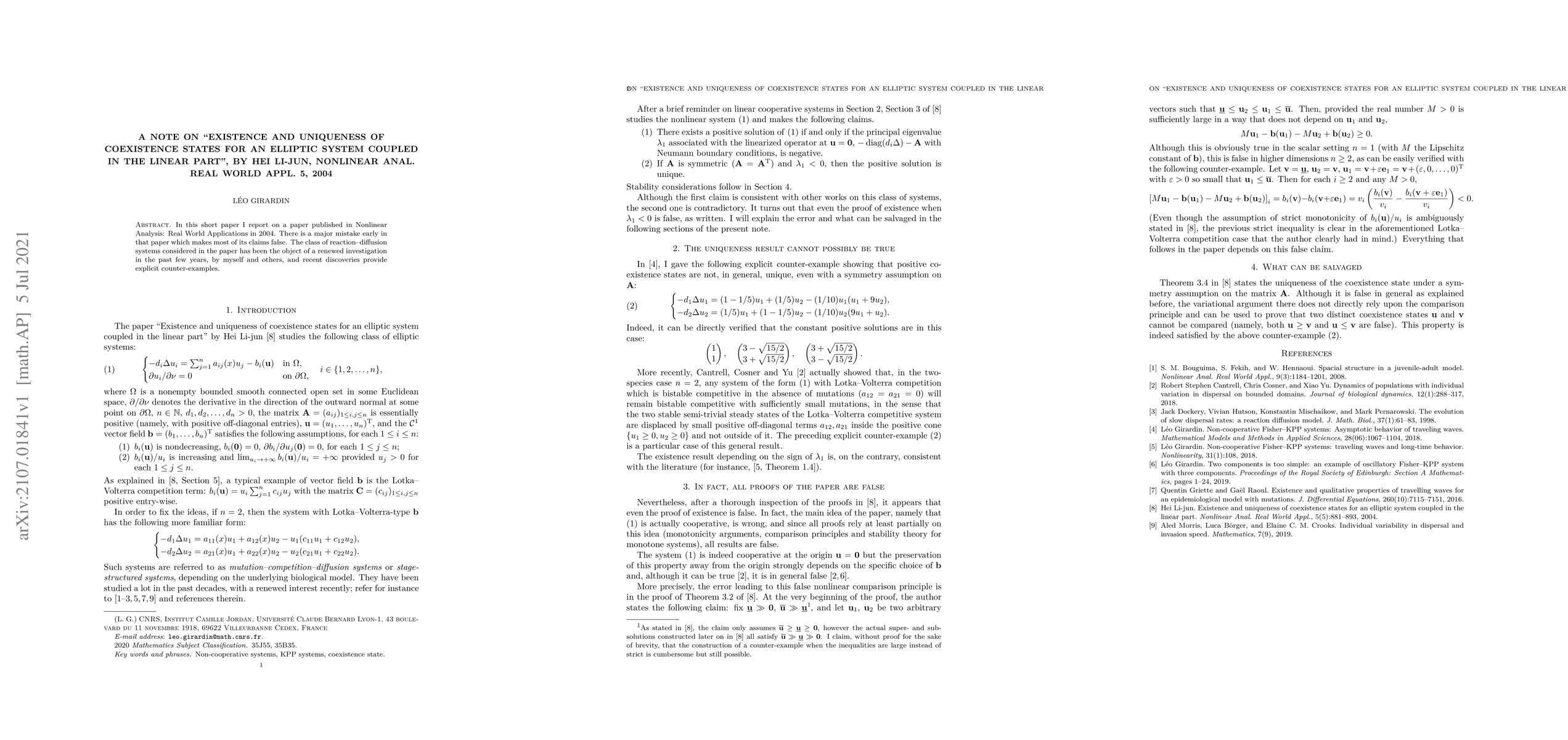 Thumbnail for A note on "Existence and uniqueness of coexistence states for an
  elliptic system coupled in the linear part", by Hei Li-Jun, Nonlinear Anal.
  Real World Appl. 5, 2004
