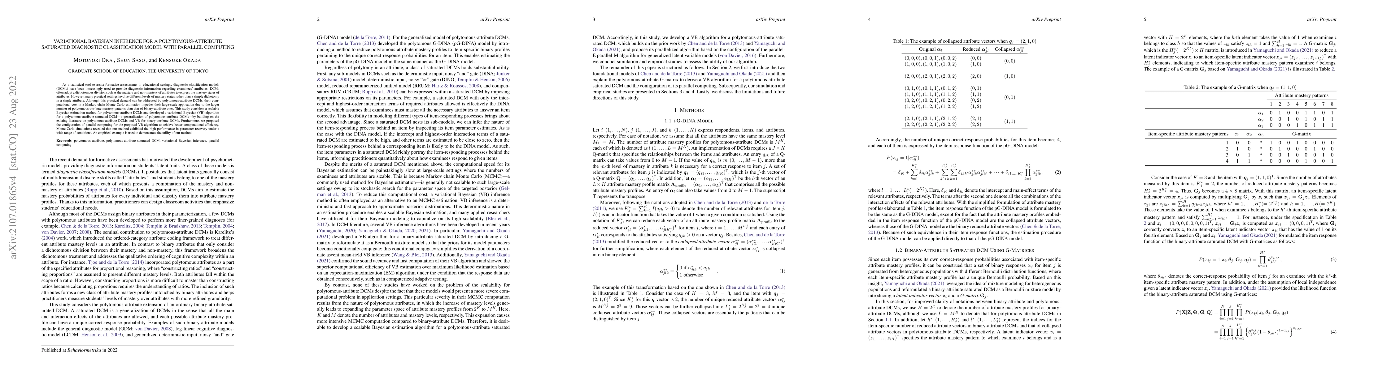 Thumbnail for Variational Bayesian Inference for a Polytomous-Attribute Saturated
  Diagnostic Classification Model with Parallel Computing
