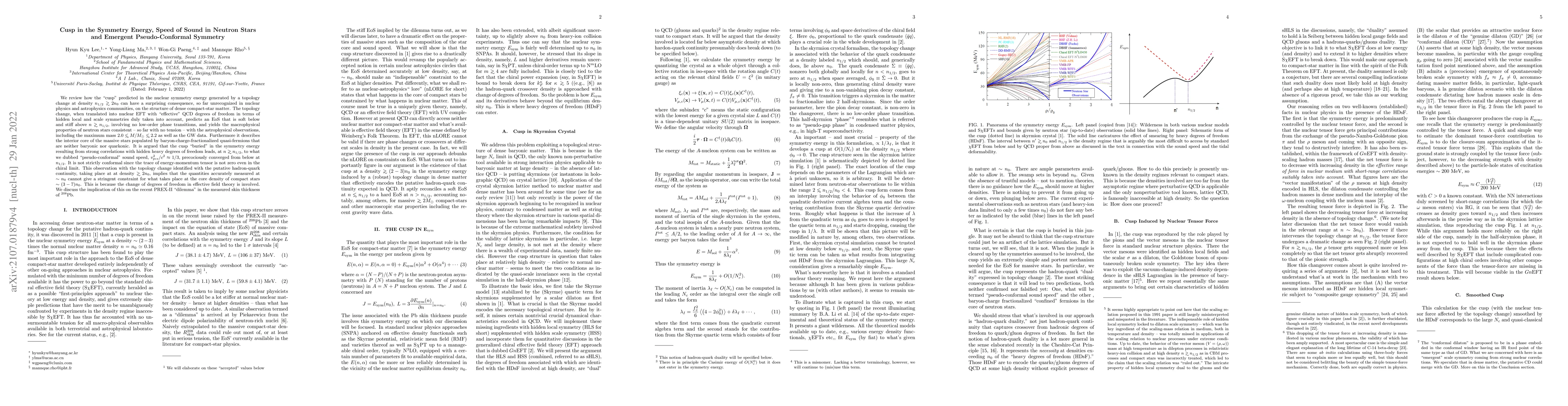 Thumbnail for Cusp in the Symmetry Energy, Speed of Sound in Neutron Stars and
  Emergent Pseudo-Conformal Symmetry