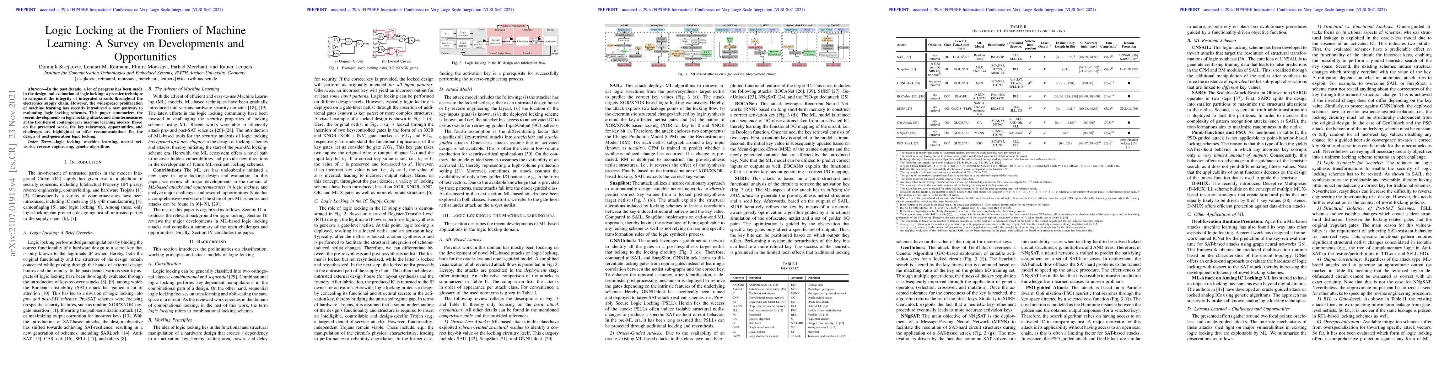 Thumbnail for Logic Locking at the Frontiers of Machine Learning: A Survey on
  Developments and Opportunities