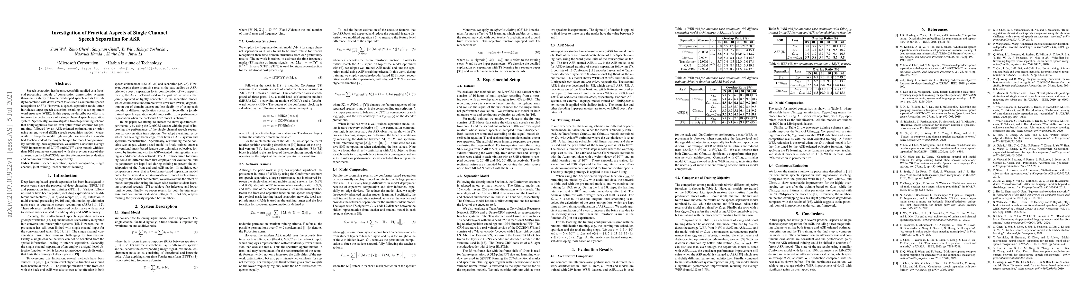 Thumbnail for Investigation of Practical Aspects of Single Channel Speech Separation
  for ASR