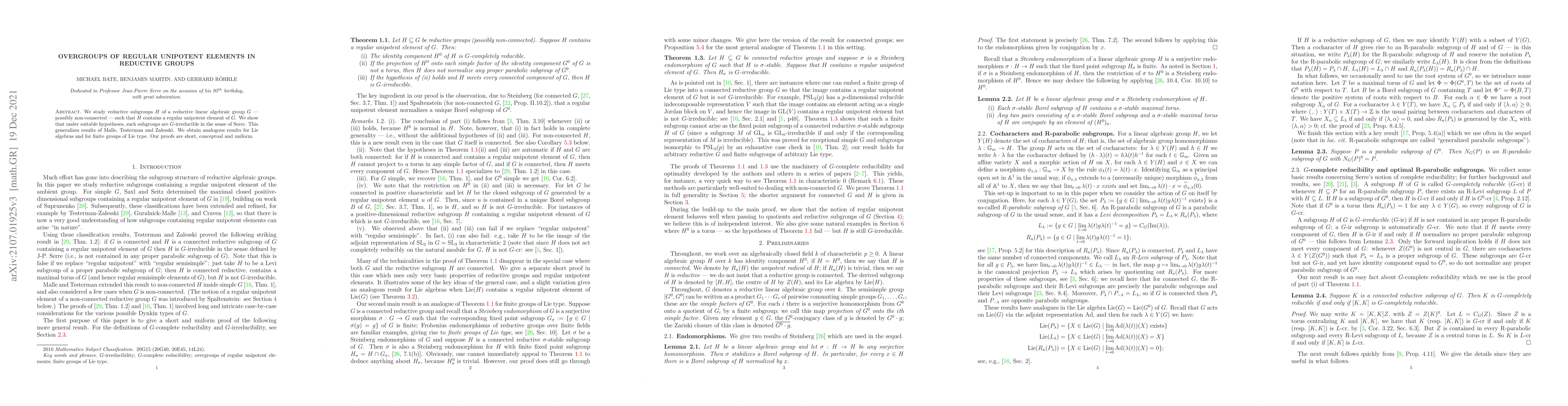 Thumbnail for Overgroups of regular unipotent elements in reductive groups