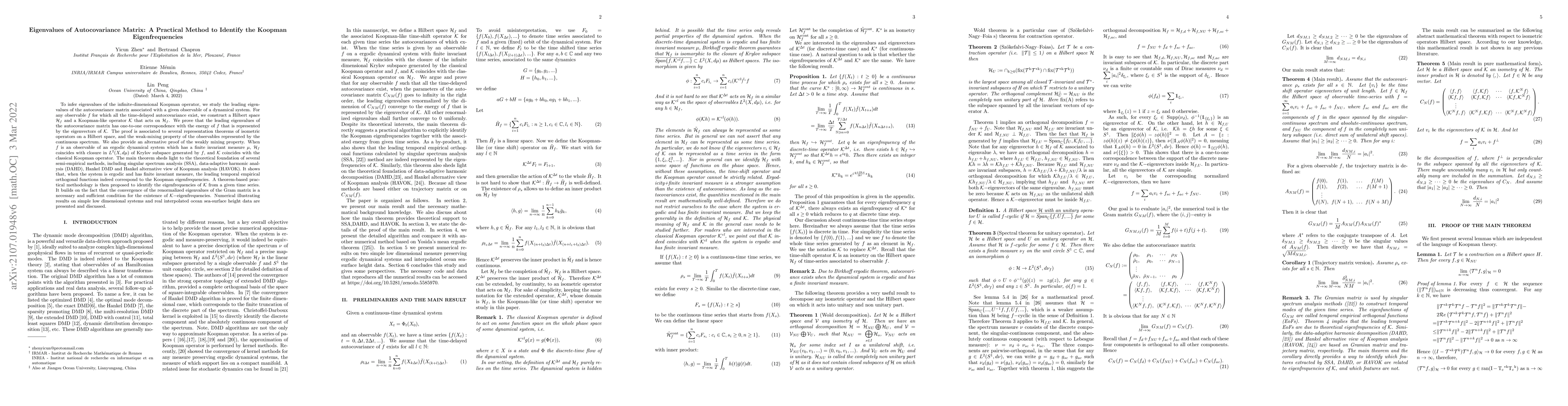 Thumbnail for Eigenvalues of Autocovariance Matrix: A Practical Method to Identify the
  Koopman Eigenfrequencies