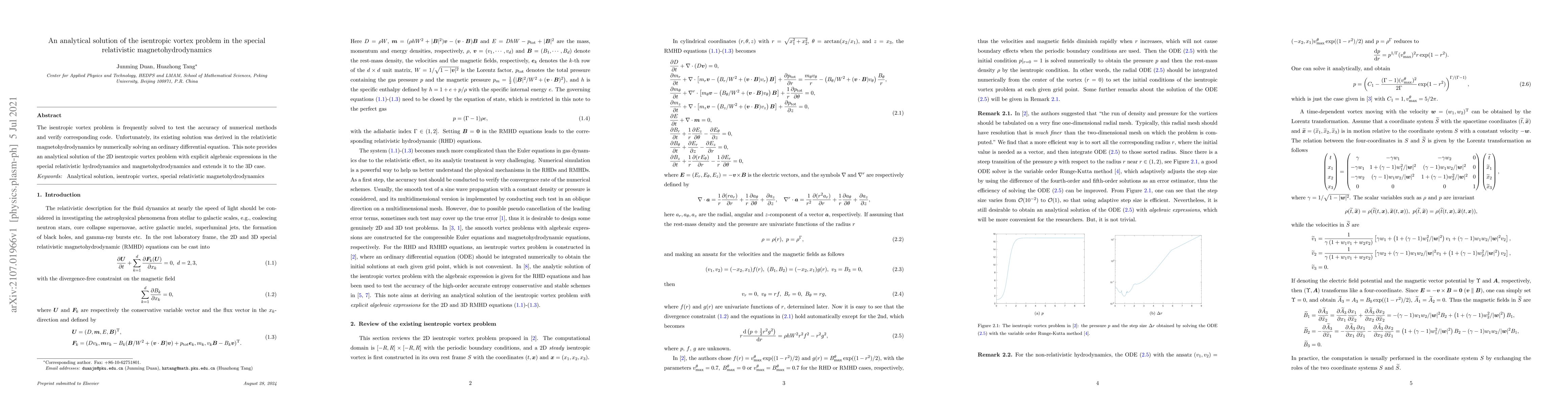 Thumbnail for An analytical solution of the isentropic vortex problem in the special
  relativistic magnetohydrodynamics