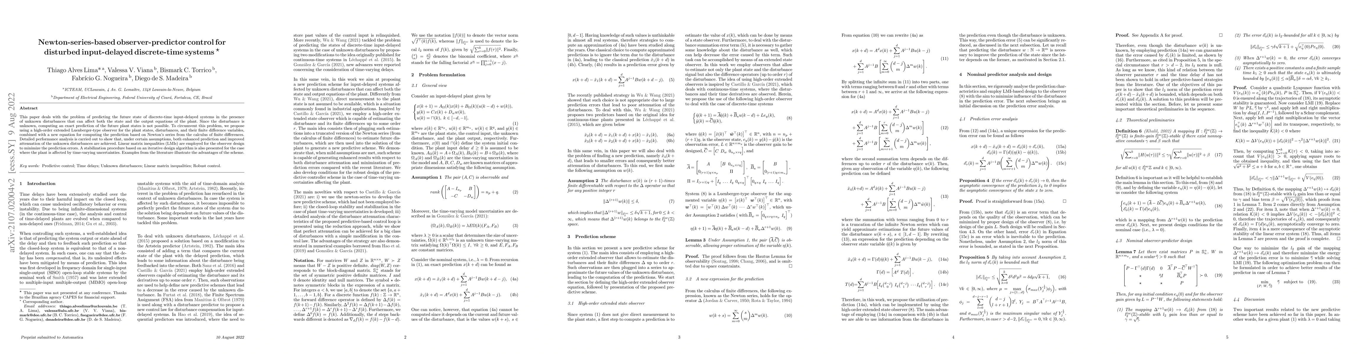 Thumbnail for Newton-series-based observer-predictor control for disturbed
  input-delayed discrete-time systems