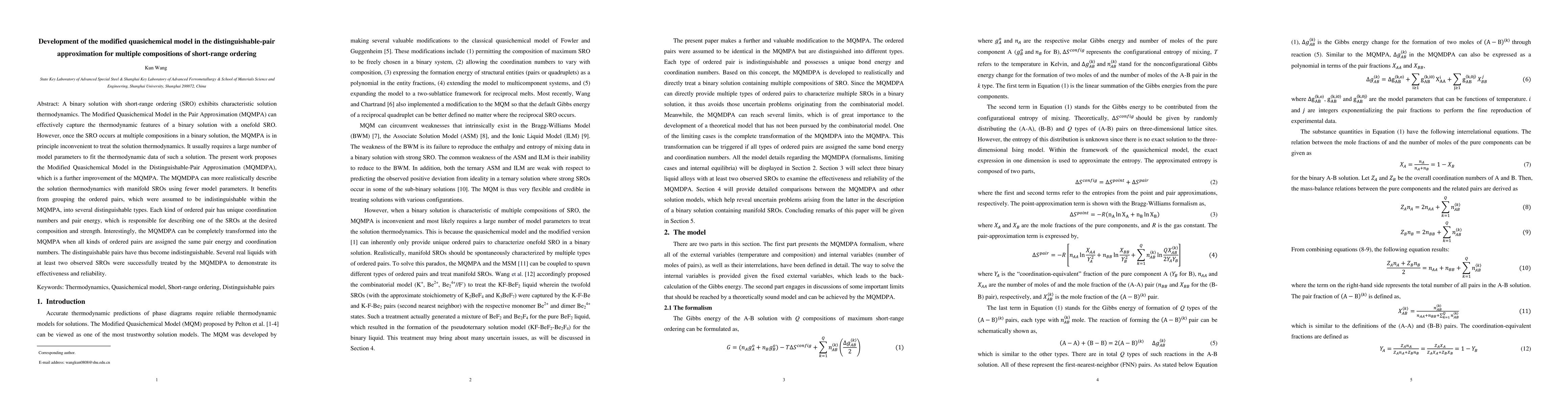 Thumbnail for Development of the modified quasichemical model in the
  distinguishable-pair approximation for multiple compositions of short-range
  ordering