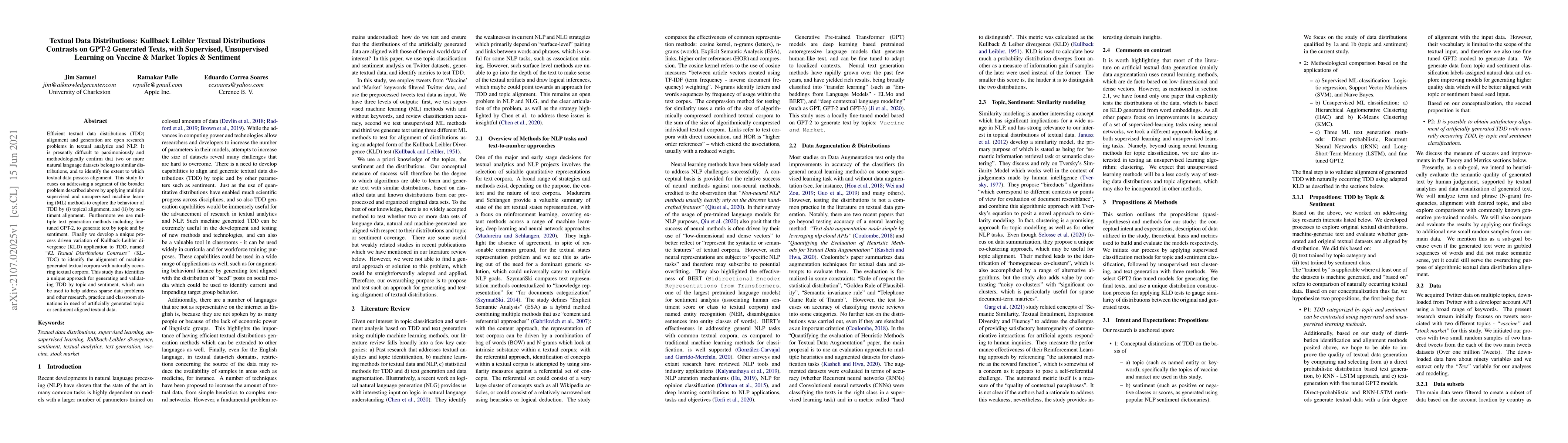 Thumbnail for Textual Data Distributions: Kullback Leibler Textual Distributions
  Contrasts on GPT-2 Generated Texts, with Supervised, Unsupervised Learning on
  Vaccine & Market Topics & Sentiment