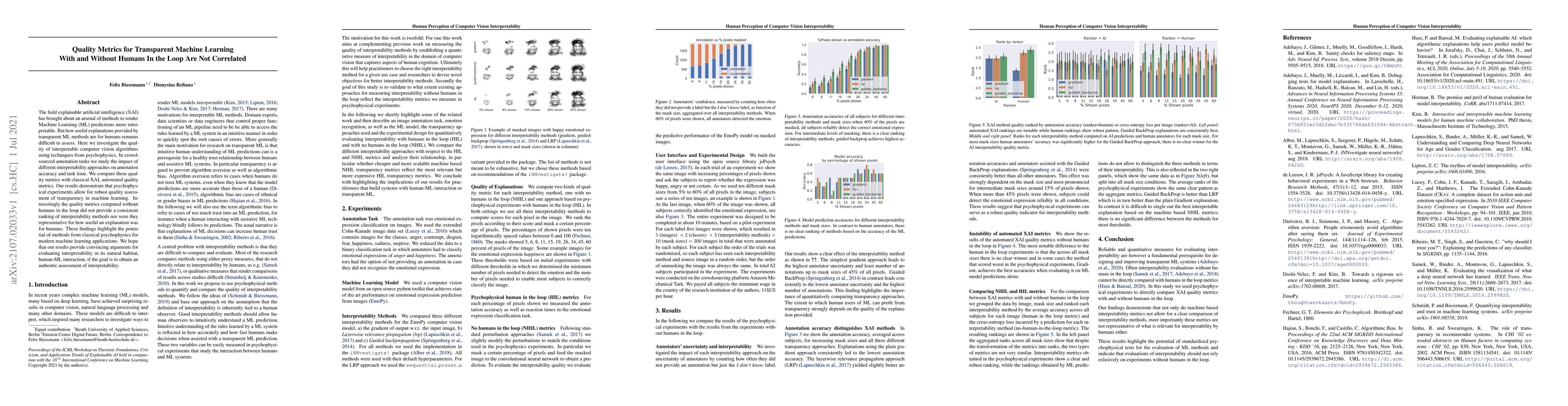 Thumbnail for Quality Metrics for Transparent Machine Learning With and Without Humans
  In the Loop Are Not Correlated