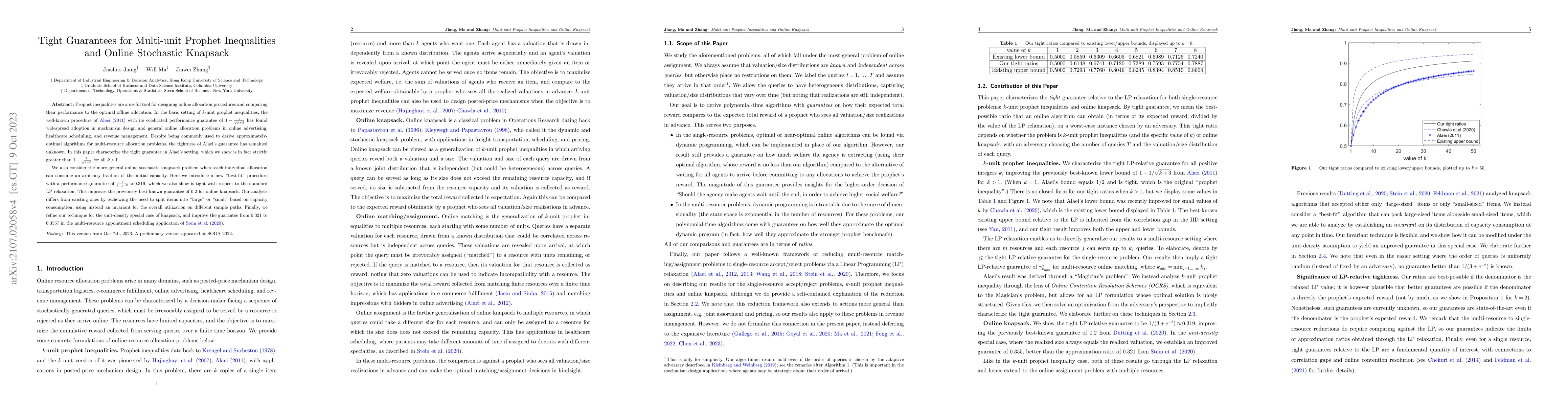 Thumbnail for Tight Guarantees for Multi-unit Prophet Inequalities and Online
  Stochastic Knapsack