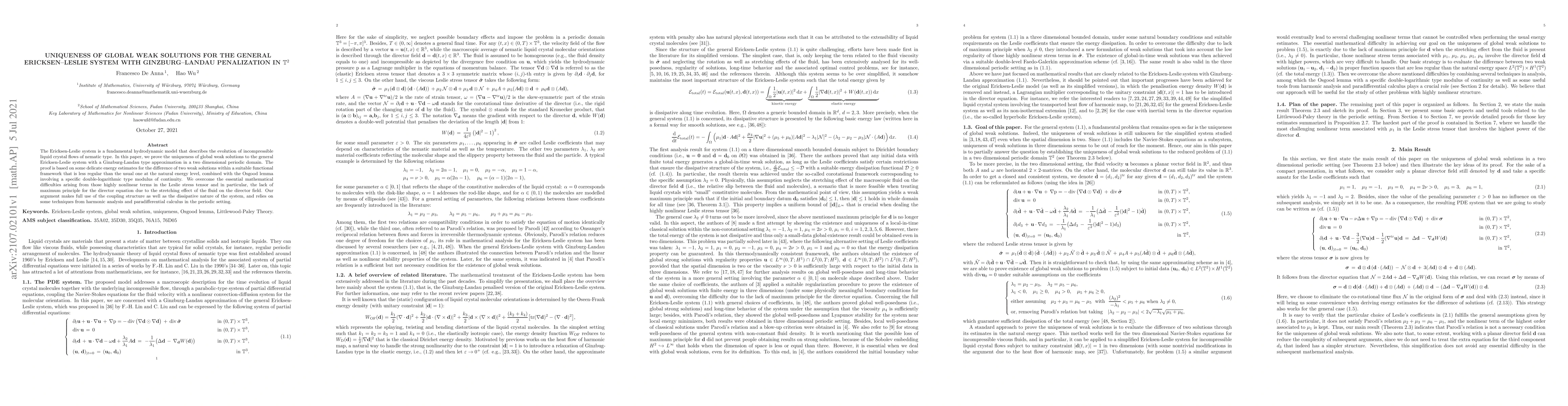 Thumbnail for Uniqueness of weak solutions for the general Ericksen-Leslie system with
  Ginzburg-Landau penalization in T^2