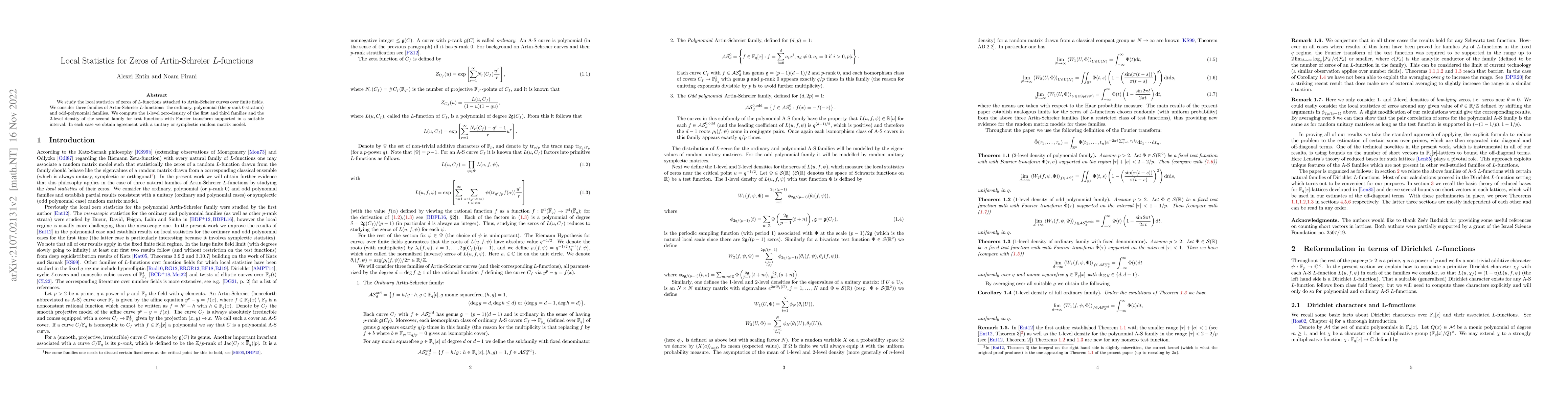 Thumbnail for Local Statistics for Zeros of Artin-Schreier L-functions