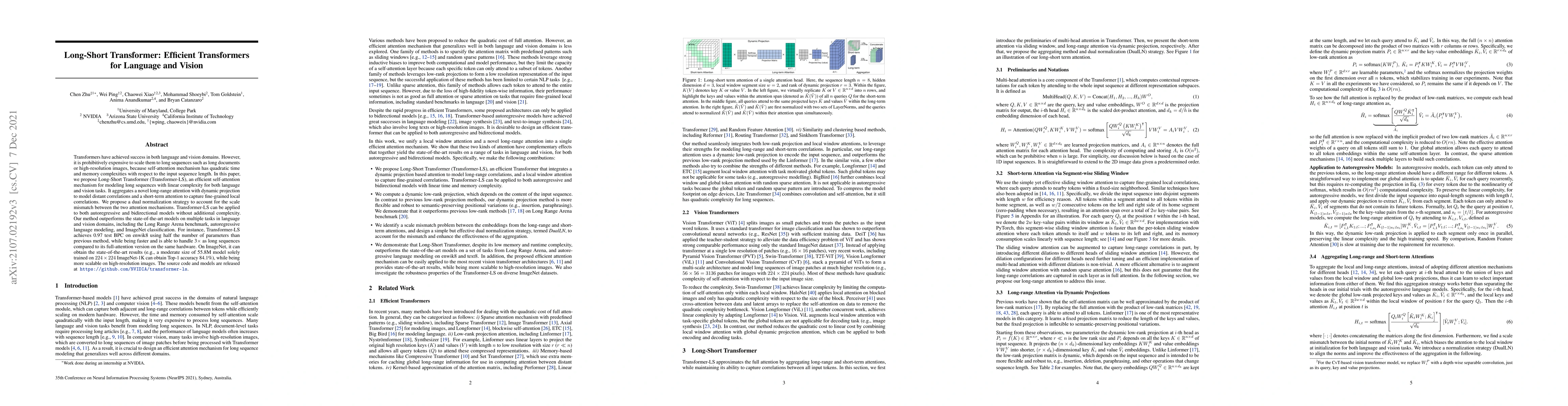 Thumbnail for Long-Short Transformer: Efficient Transformers for Language and Vision