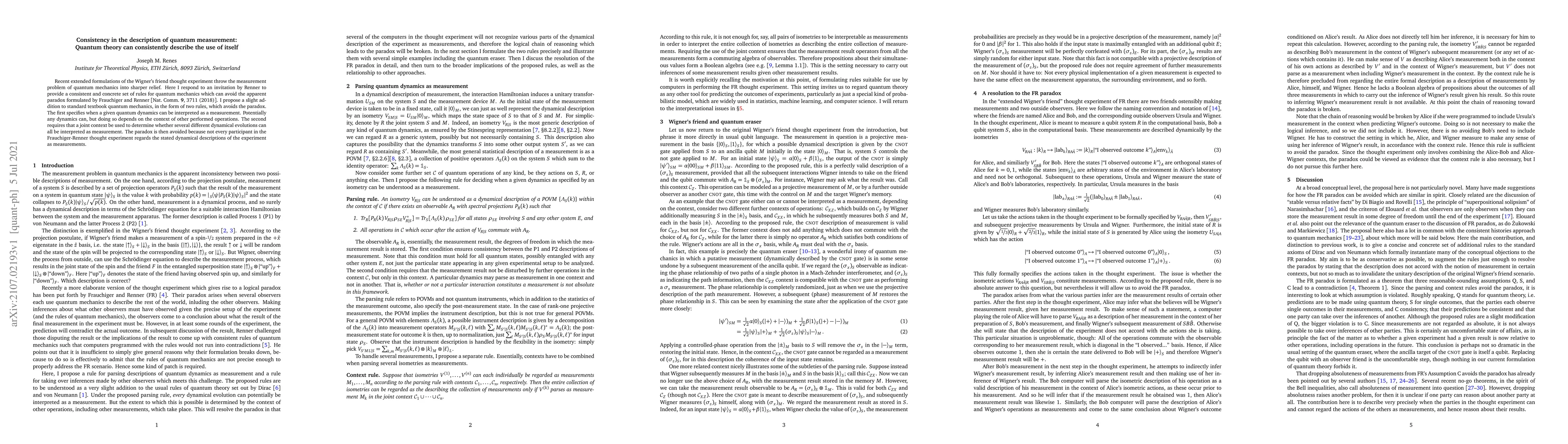 Thumbnail for Consistency in the description of quantum measurement: Quantum theory
  can consistently describe the use of itself