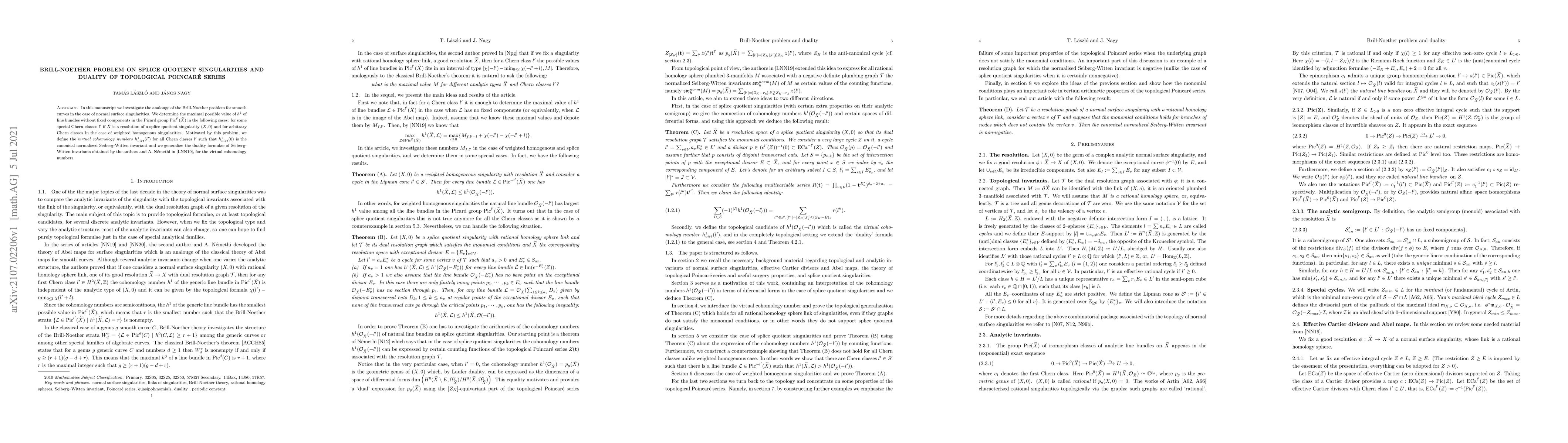 Thumbnail for Brill-Noether problem on splice quotient singularities and duality of
  topological Poincar\'e series