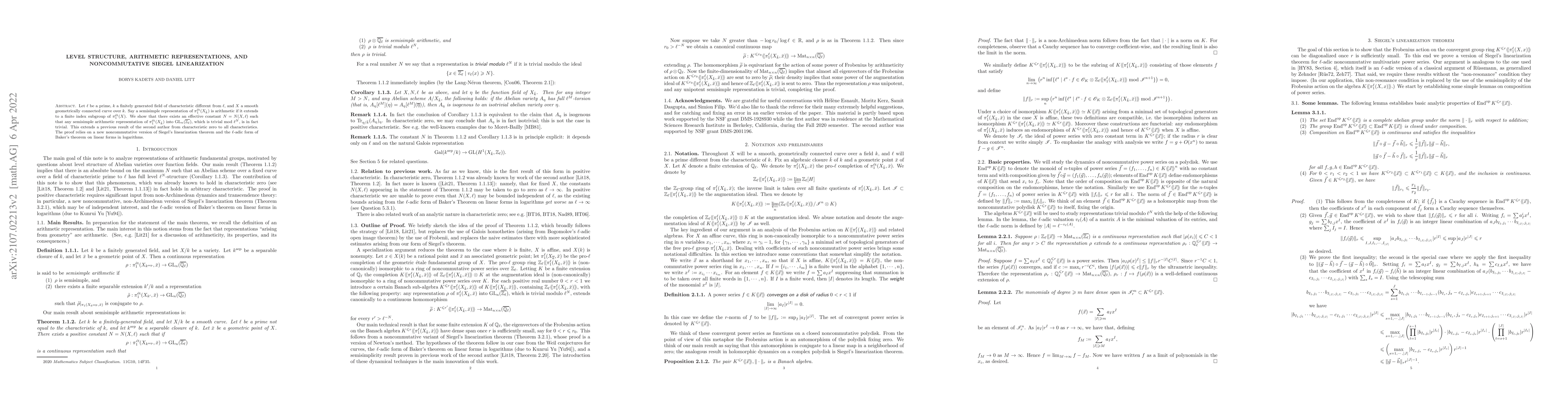 Thumbnail for Level structure, arithmetic representations, and noncommutative Siegel
  linearization