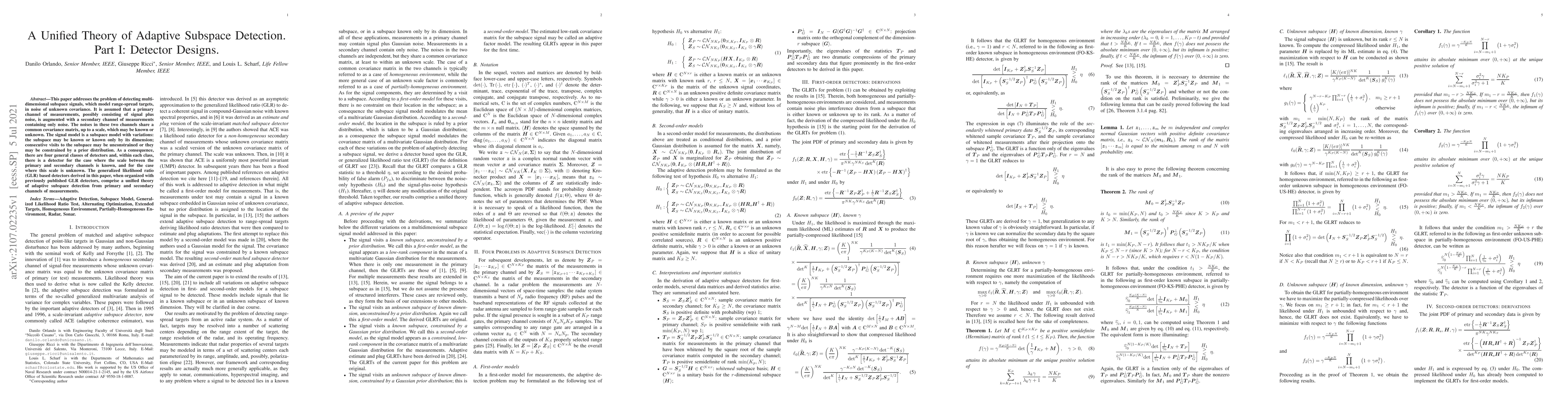 Thumbnail for A Unified Theory of Adaptive Subspace Detection. Part I: Detector
  Designs