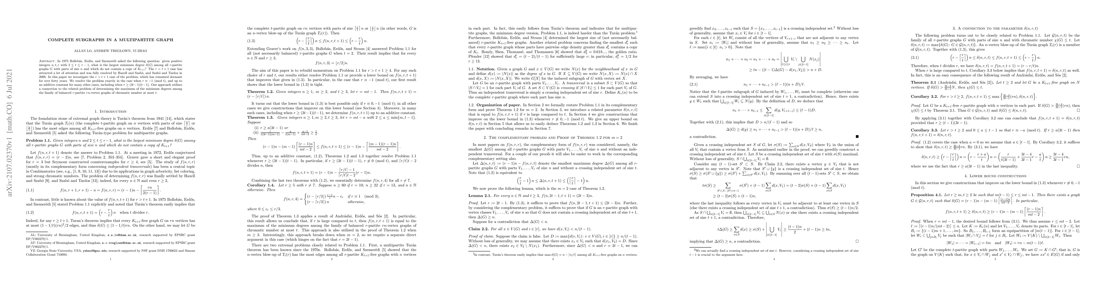 Thumbnail for Complete subgraphs in a multipartite graph