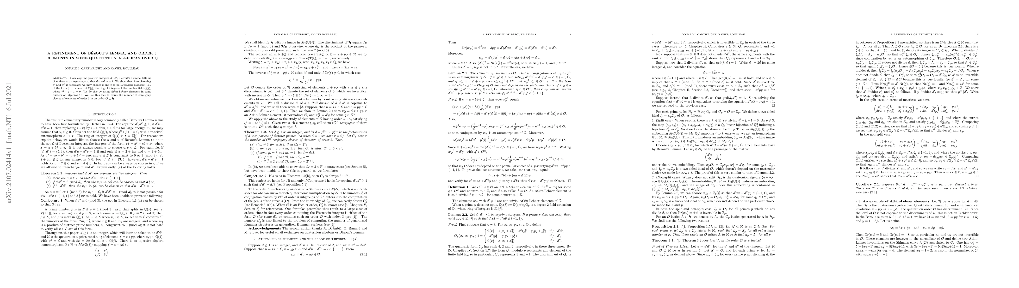 Thumbnail for A refinement of B\'ezout's Lemma, and order 3 elements in some
  quaternion algebras over $\mathbb{Q}$