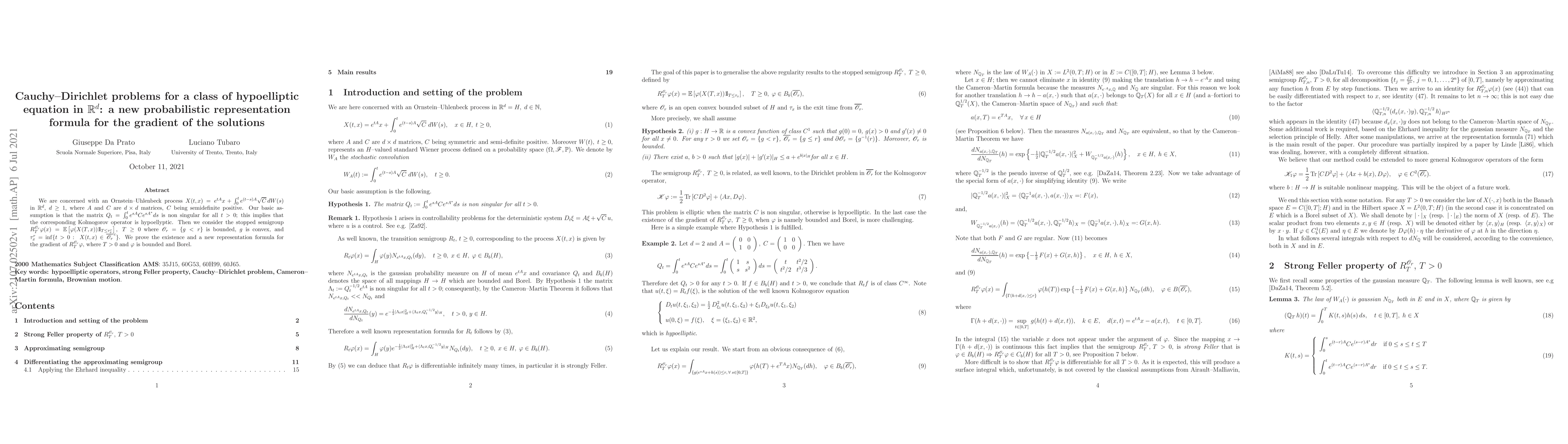 Thumbnail for Cauchy-Dirichlet problems for a class of hypoelliptic equation in
  $\R^d$: q new probabilistic representation formula for the gradient of the
  solutions