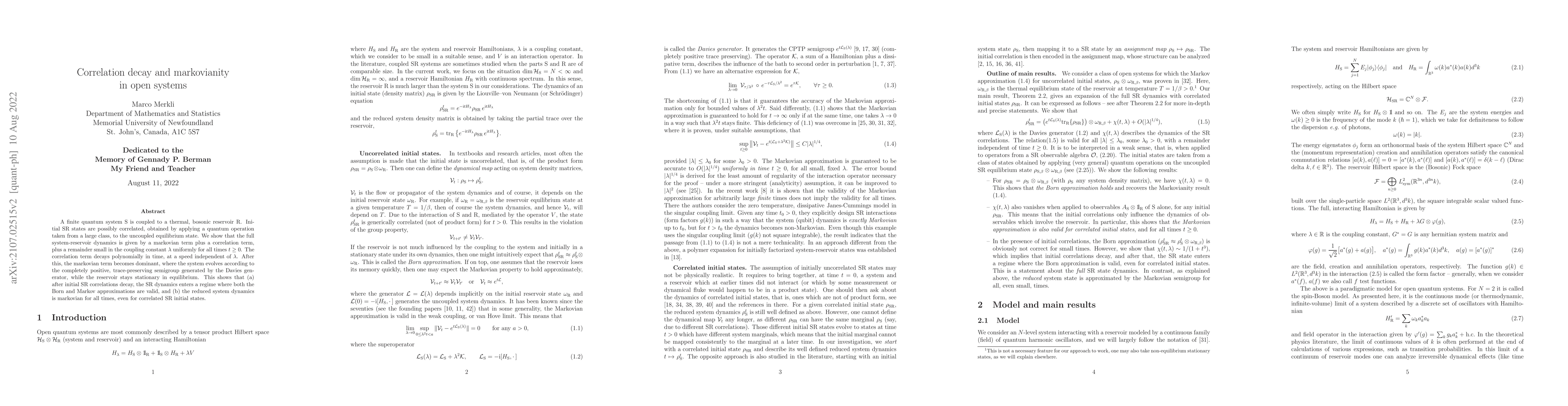 Thumbnail for Correlation decay and Markovianity in open systems