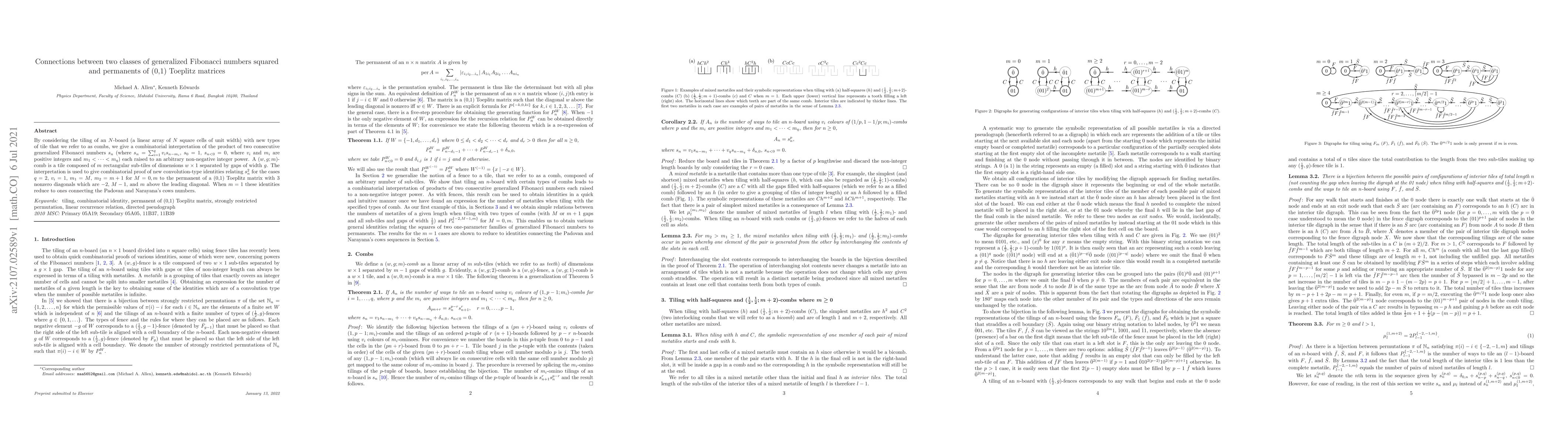 Thumbnail for Connections between two classes of generalized Fibonacci numbers squared
  and permanents of (0,1) Toeplitz matrices