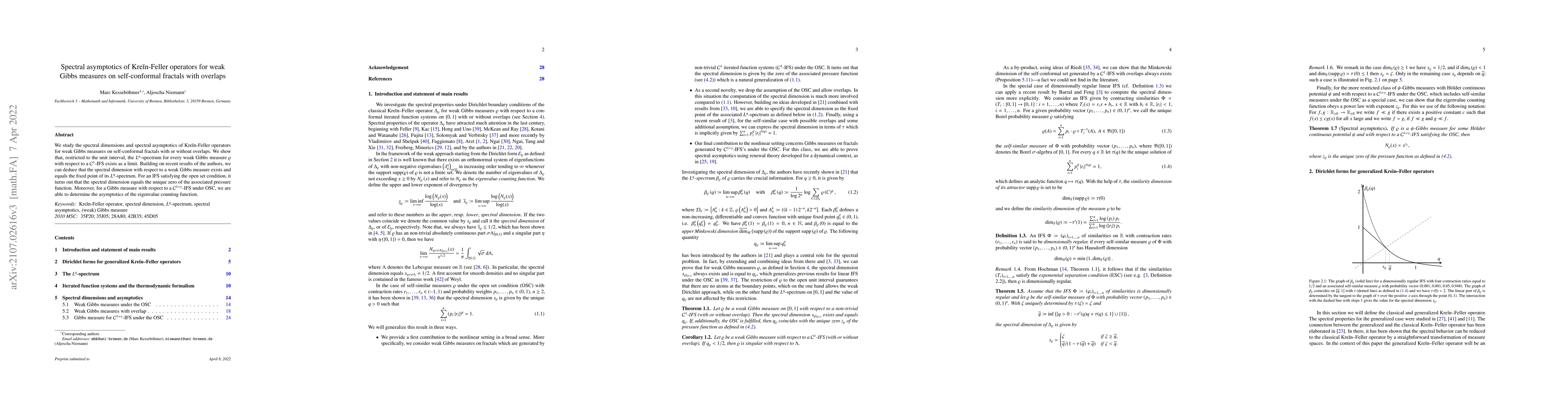 Thumbnail for Spectral asymptotics of Krein--Feller operators for weak Gibbs measures
  on self-conformal fractals with overlaps