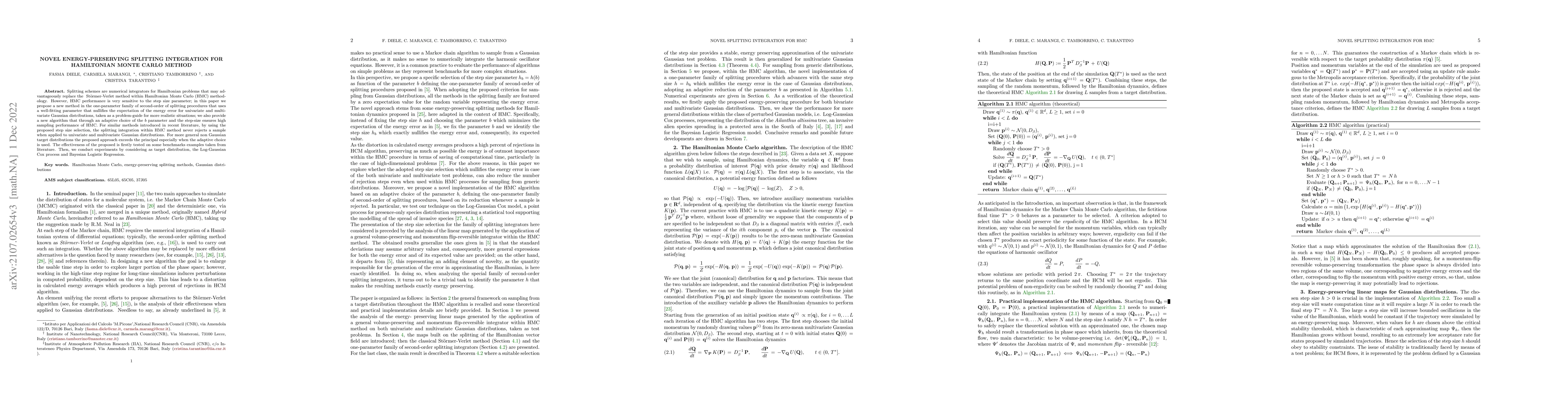 Thumbnail for Novel energy-preserving splitting integration for Hamiltonian Monte
  Carlo method