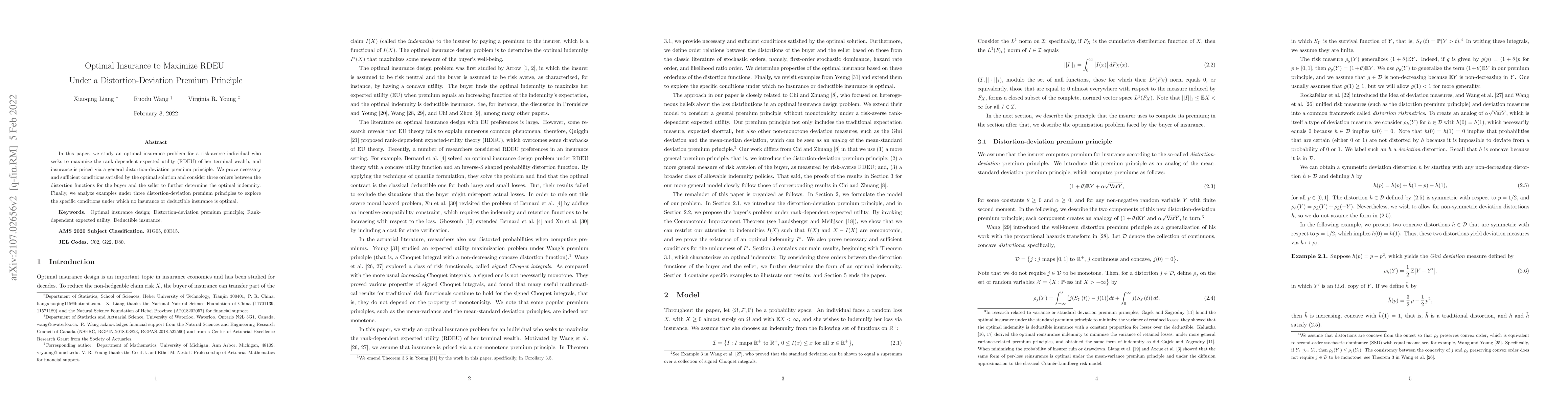 Thumbnail for Optimal Insurance to Maximize RDEU Under a Distortion-Deviation Premium
  Principle