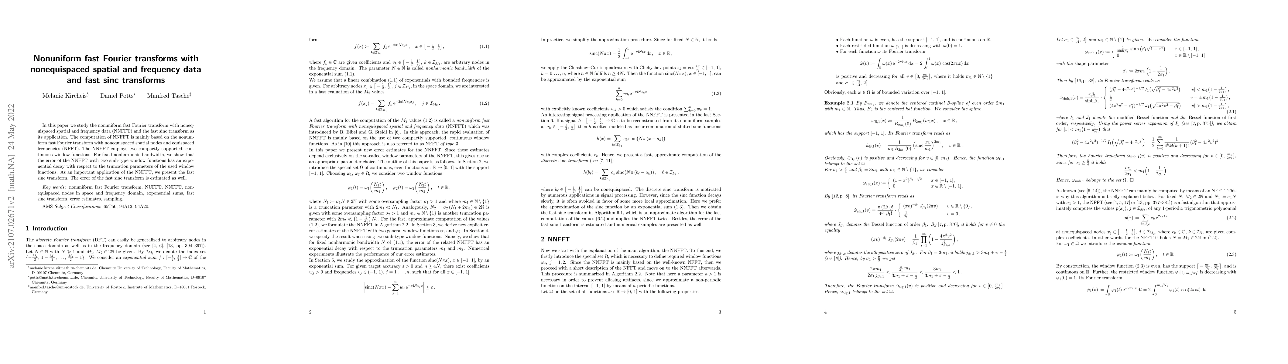 Thumbnail for Nonuniform fast Fourier transforms with nonequispaced spatial and
  frequency data and fast sinc transforms