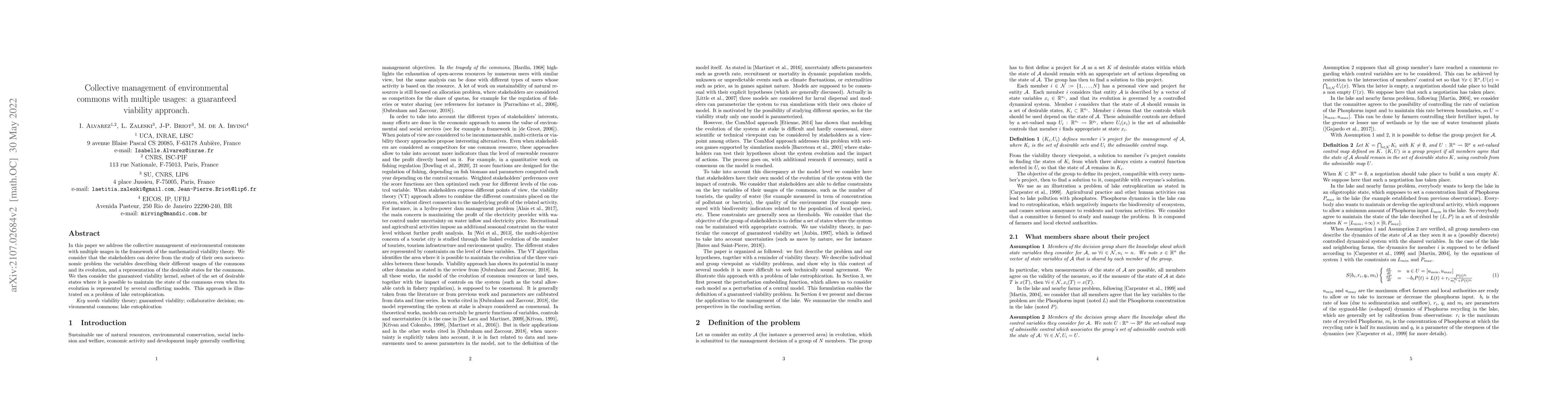 Thumbnail for Collective management of environmental commons with multiple usages: a
  guaranteed viability approach
