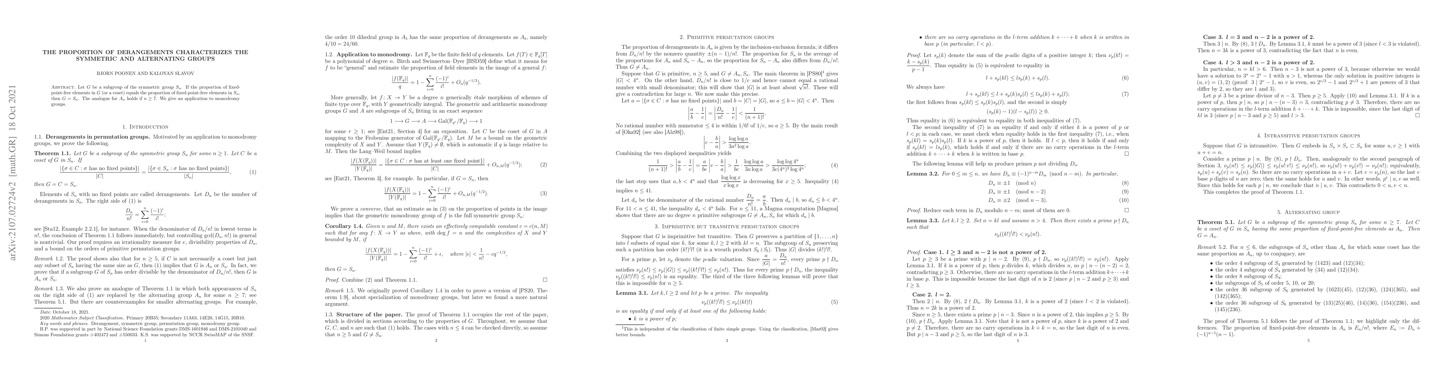 Thumbnail for The proportion of derangements characterizes the symmetric and
  alternating groups